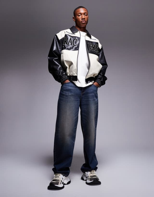 ASOS DESIGN oversized faux leather motocross jacket in monochrome