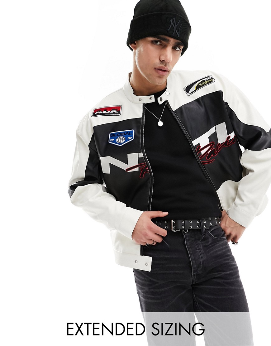 ASOS DESIGN oversized faux leather motocross racer jacket in black and white