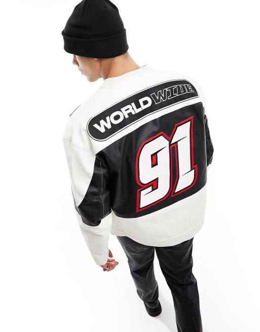 ASOS DESIGN oversized faux leather motocross racer jacket in black and white, 2 of 4