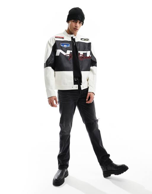 ASOS DESIGN oversized faux leather motocross racer jacket in black and white, 4 of 4