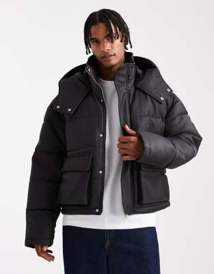 Asos Design Oversized Faux Leather Puffer Jacket In Black