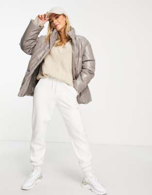 Asos Design Oversized Faux Leather Puffer Jacket In Gray - Gray