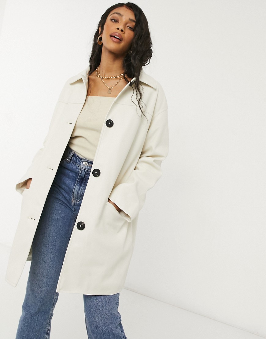ASOS DESIGN oversized faux leather quilt lined shacket in cream-White