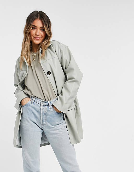 ASOS DESIGN oversized faux leather quilt lined shacket in grey | ASOS