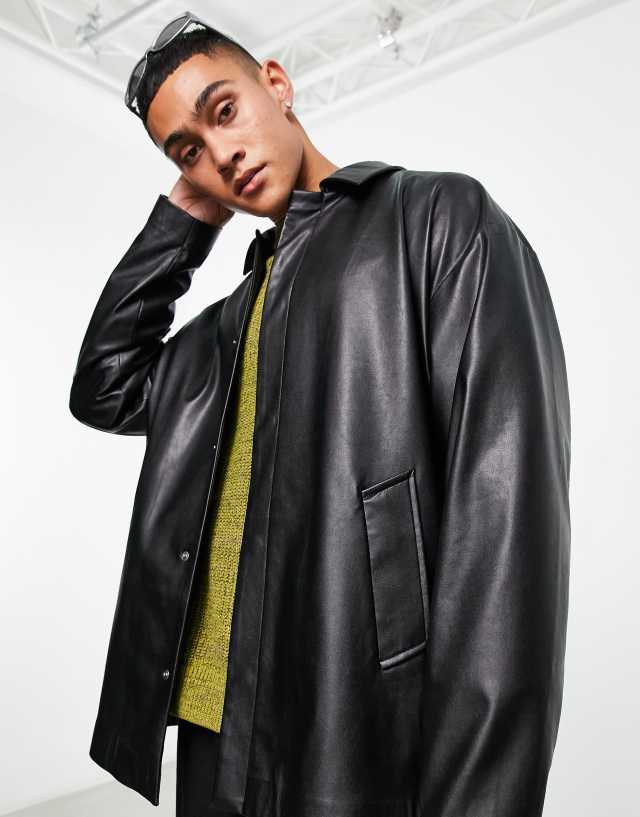 ASOS DESIGN oversized faux leather shacket in black