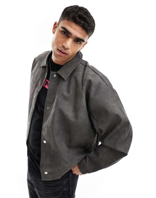 ASOS DESIGN oversized faux leather shacket in washed black