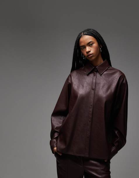 ASOS DESIGN oversized faux leather shirt co-ord in plum