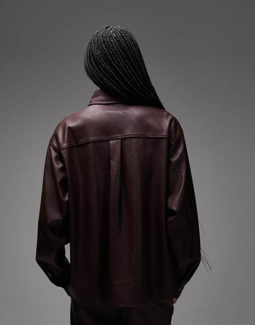 ASOS DESIGN oversized faux leather shirt in plum (part of a set), 2 of 4