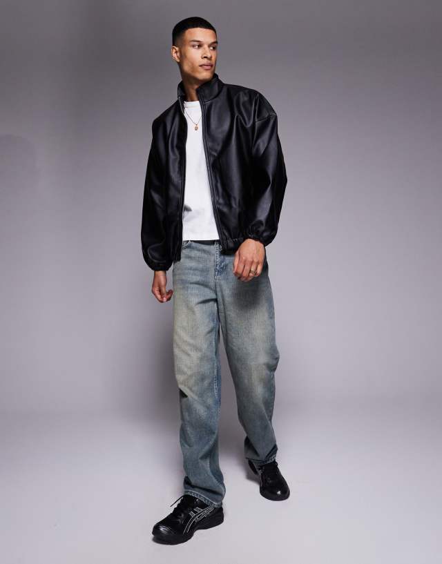 ASOS DESIGN oversized faux leather track jacket in black | ASOS