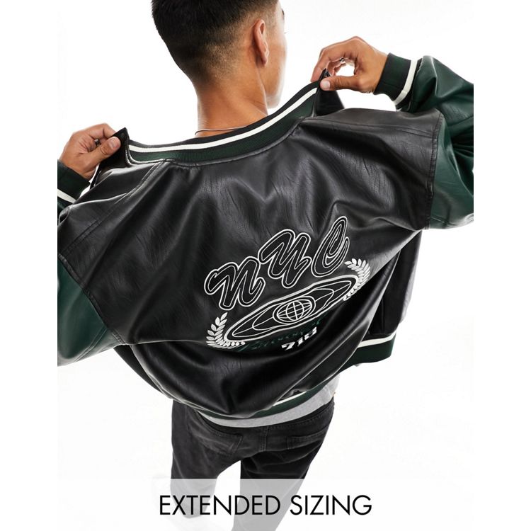 ASOS DESIGN varsity jacket in black with faux leather sleeves