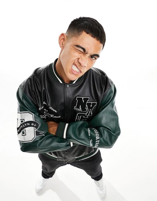 ASOS DESIGN Oversized Varsity Bomber Jacket With Faux Leather Sleeves In  Green for Men