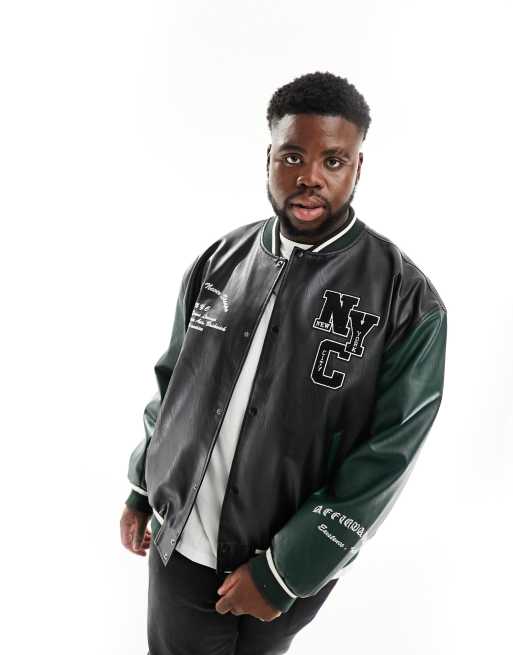 Faux Leather Varsity Bomber Jacket