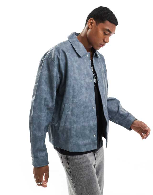 ASOS DESIGN - oversized faux leather washed harington jacket in blue