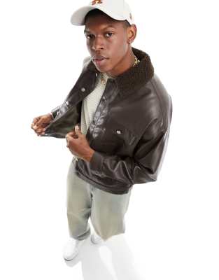 Asos Design Oversized Faux Leather Western Jacket With Borg Collar