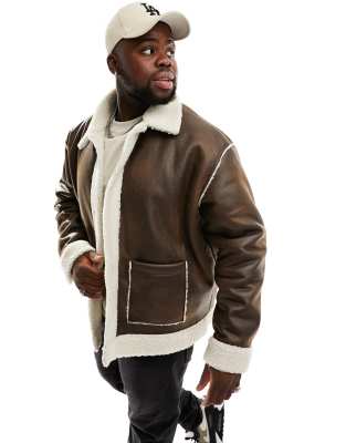 Asos Design Oversized Faux Shearling Lined Aviator Jacket In Brown