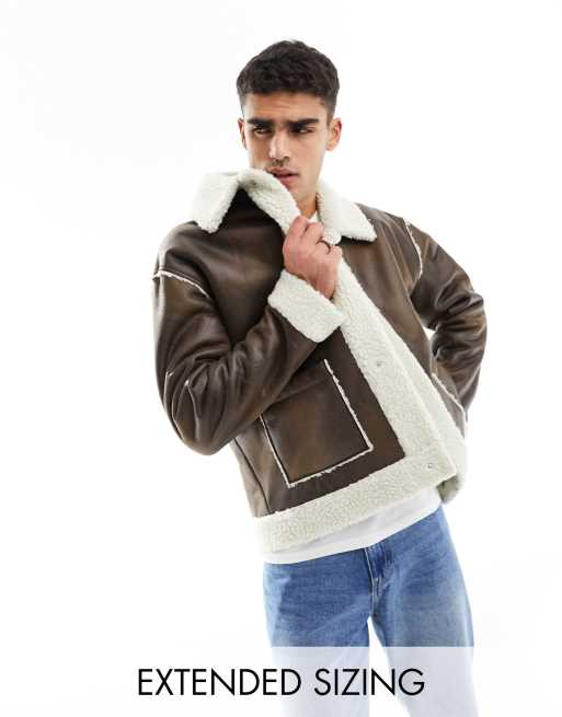 ASOS DESIGN oversized faux shearling lined aviator jacket in brown ASOS