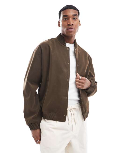 ASOS DESIGN oversized faux suede bomber jacket in brown ASOS