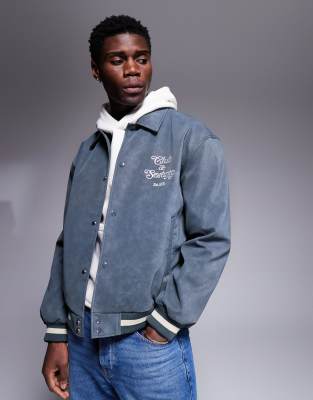 Asos Design Oversized Faux Suede Varsity Jacket In Gray