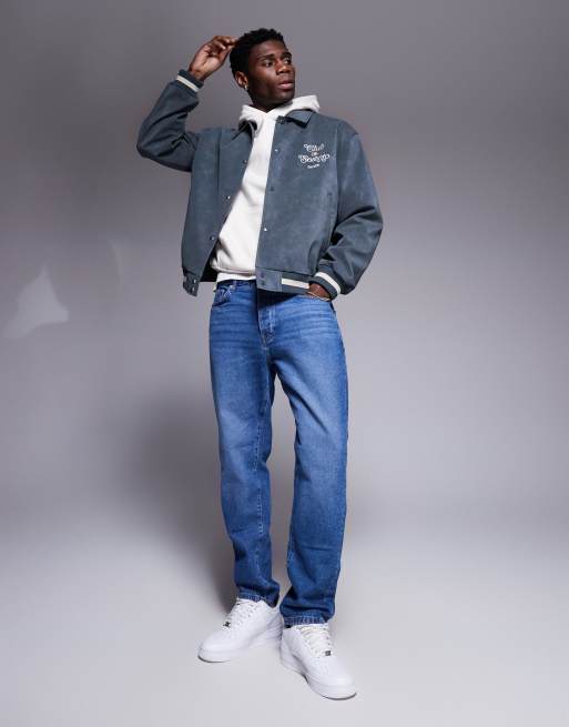 ASOS DESIGN oversized faux suede varsity jacket in gray, 3 of 4