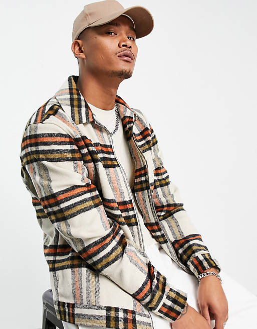ASOS DESIGN oversized faux wool harrington jacket in cream and red check