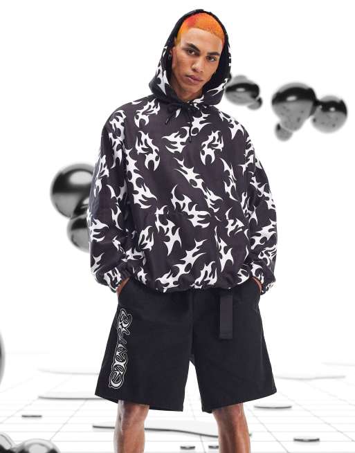 ASOS DESIGN - Oversized festival-hættetrøje med flammeprint i sort fleece