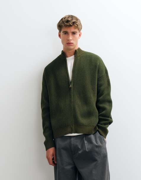 ASOS DESIGN oversized fisherman rib funnel neck zip through in khaki - view 1