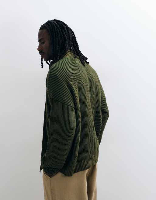 ASOS DESIGN oversized fisherman rib funnel neck zip through in khaki, 4 of 5