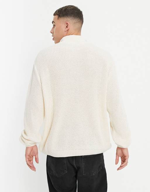 ASOS DESIGN oversized fisherman rib half zip knit sweater in ecru