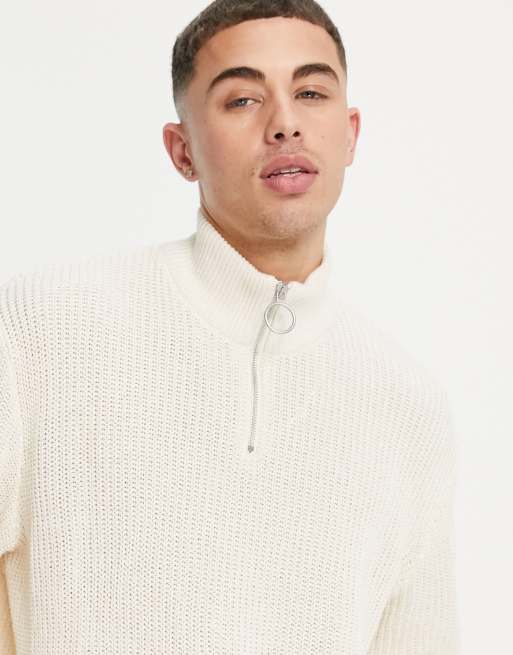 ASOS DESIGN oversized fisherman rib half zip knit sweater in ecru