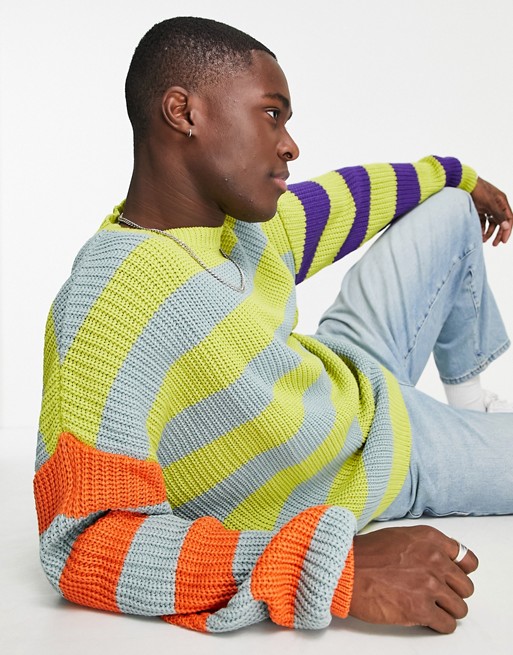 ASOS DESIGN oversized fisherman rib jumper with mixed stripes
