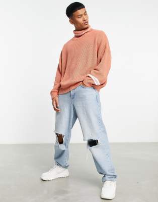 ASOS DESIGN oversized fisherman rib jumper with stripe design in apricot