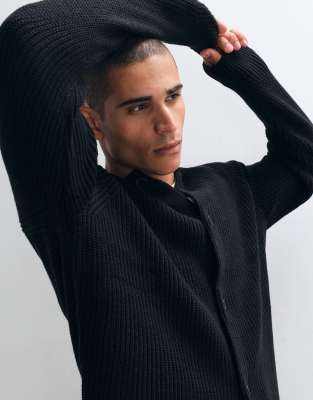 Asos Design Oversized Fisherman Rib Knit Crew Neck Cardigan In Black