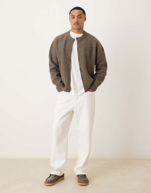 ASOS DESIGN oversized fisherman rib knit crew neck cardigan in heathered brown