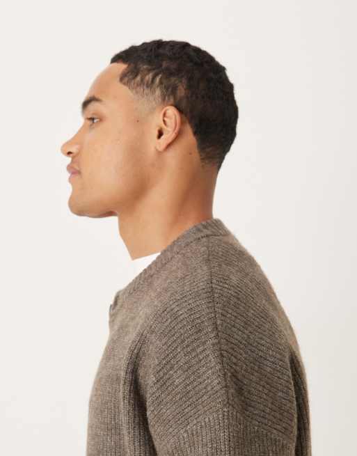 ASOS DESIGN oversized fisherman rib knit crew neck cardigan in heathered brown