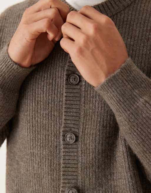 ASOS DESIGN oversized fisherman rib knit crew neck cardigan in heathered brown