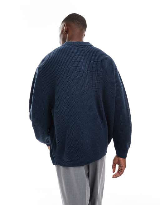 ASOS DESIGN oversized fisherman rib knit notch neck sweater in navy