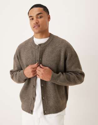 Asos Design Oversized Fisherman Rib Knit Wool Blend Crew Neck Cardigan In Brown