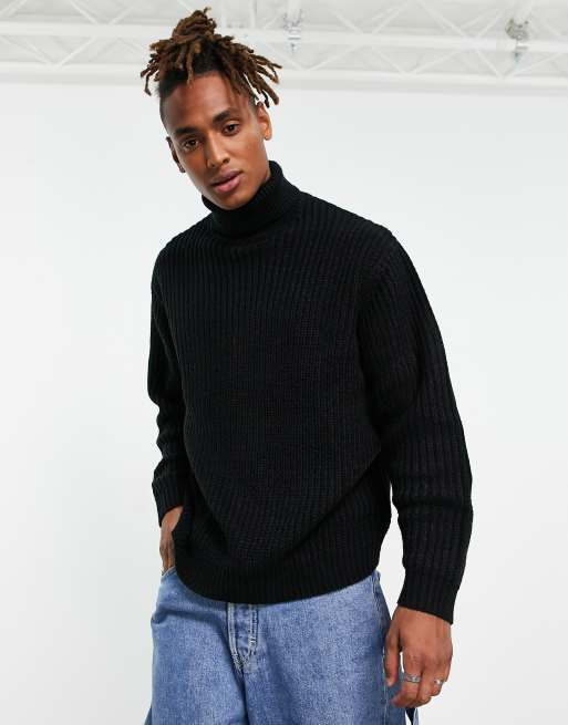 ASOS DESIGN oversized fisherman rib roll neck jumper in black | ASOS