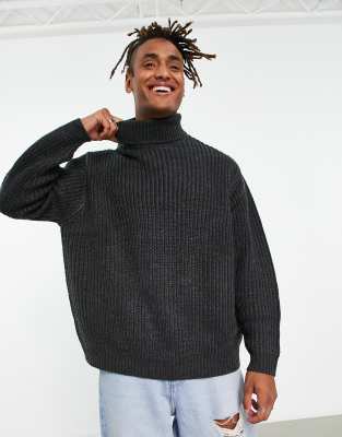 ASOS DESIGN oversized fisherman rib roll neck jumper in charcoal-Grey