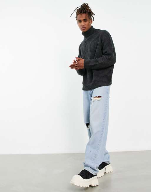 ASOS DESIGN oversized fisherman rib roll neck jumper in charcoal