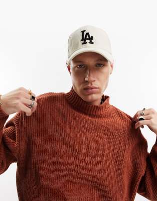 ASOS DESIGN oversized fisherman rib turtle neck sweater in burgundy