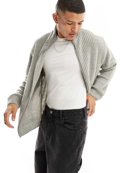 Mens grey chunky knit cardigan sale