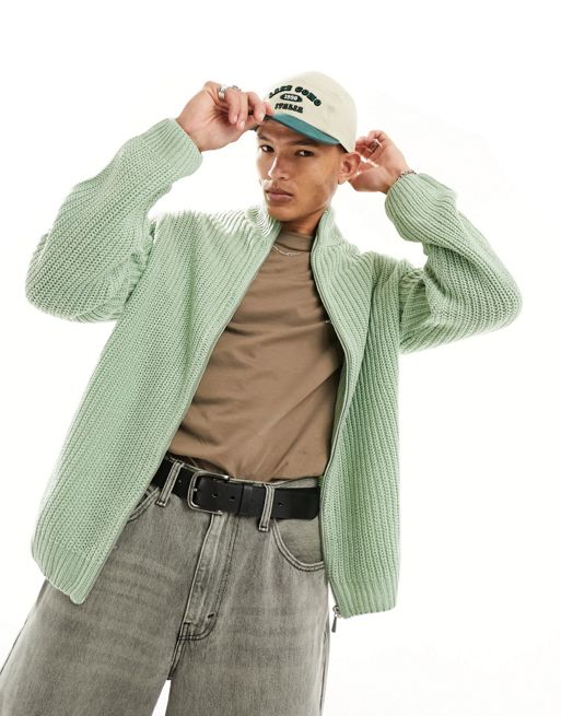 ASOS DESIGN oversized fisherman rib zip through sweater in sage green ...