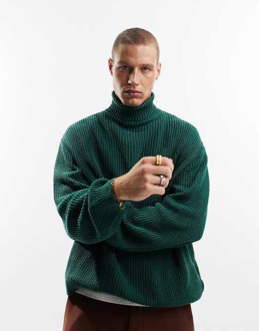 ASOS DESIGN oversized fisherman ribbed turtle neck sweater in green