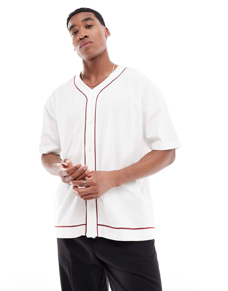 Asos Design Oversized Fit Button Up Baseball T-shirt With Contrast Piping In White