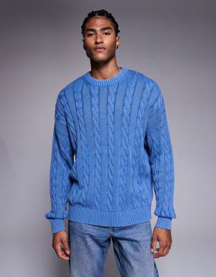 Asos Design Oversized Fit Cable Knit Sweater In Blue