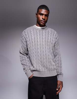 Asos Design Oversized Fit Cable Knit Sweater In Gray