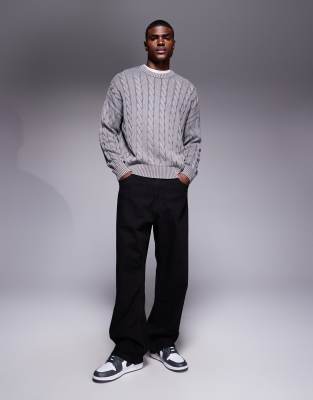 Asos Design Oversized Fit Cable Knit Sweater In Gray