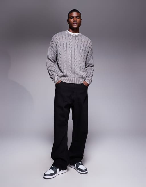 ASOS DESIGN oversized fit cable knit sweater in washed gray, 2 of 5