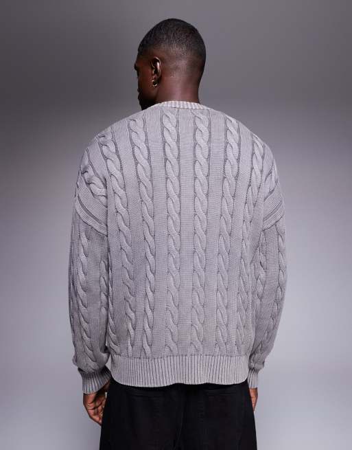 ASOS DESIGN oversized fit cable knit sweater in washed gray, 3 of 5
